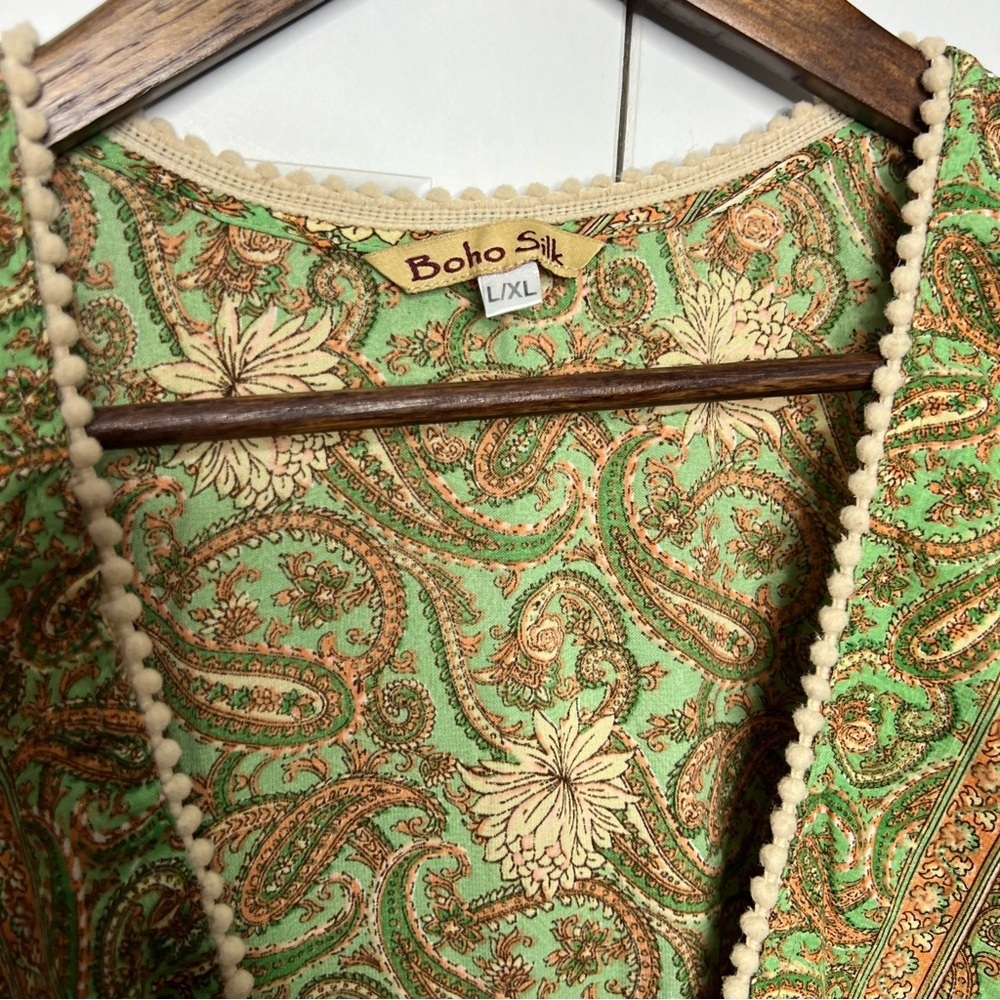 Boho Silk Paisley + Animal Print Tie Front Kimono Dress L/XL - Picture 2 of 5